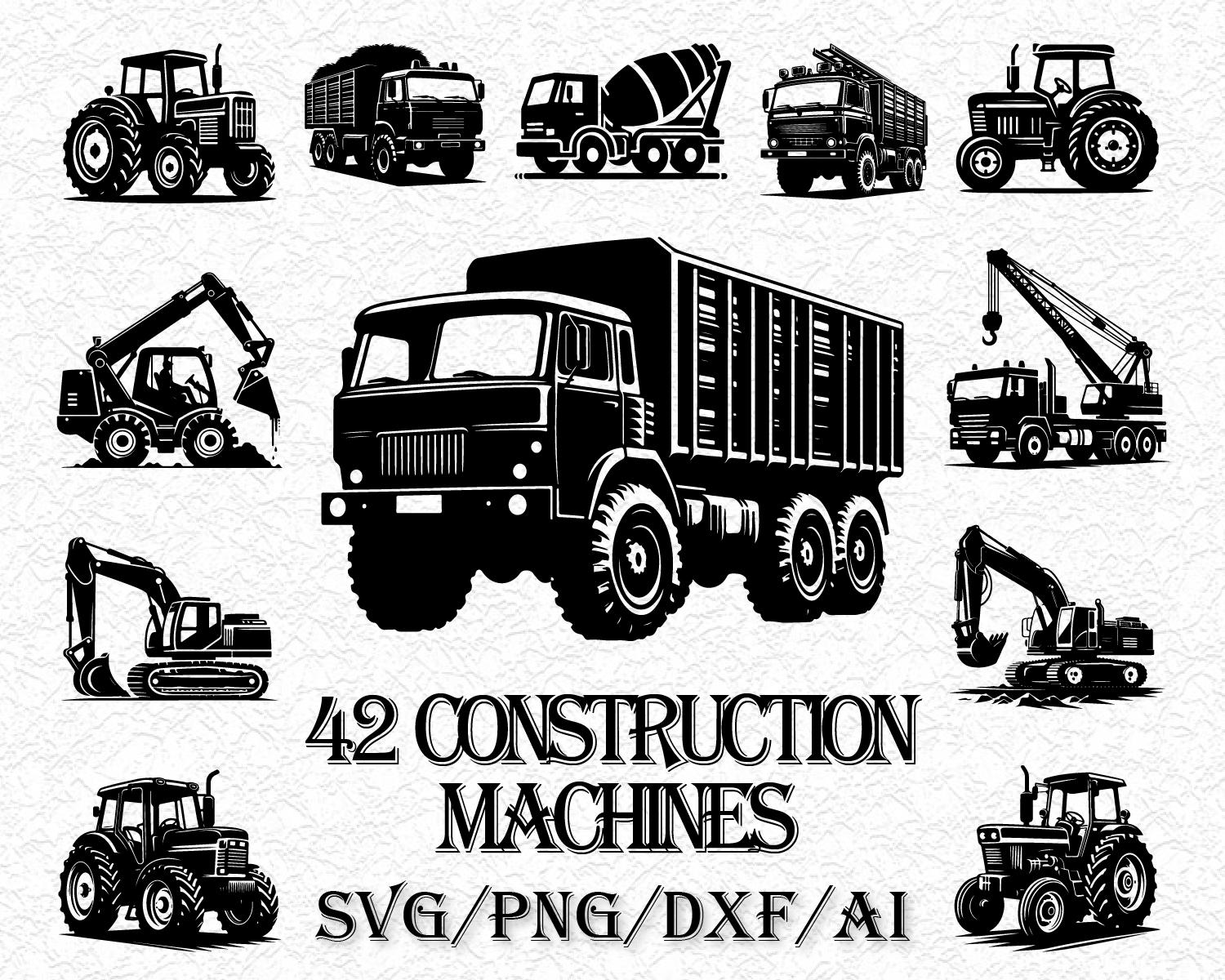42 Construction Machines SVG, Excavator svg, Bulldozer svg, Crane, Tractor & Dump Truck Clipart, Heavy Equipment Silhouette, File for Cricut