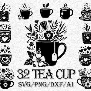 32 tazas de café SVG, paquete de tazas SVG, café con vapor SVG, taza de té SVG, granos de café SVG, vector de café, EPS, DXF, PNG, archivo de silueta, imprimir