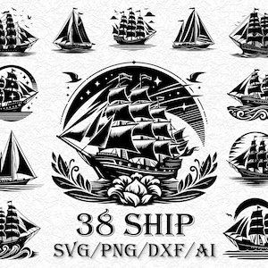 Lot de 38 voiliers SVG, gravures de navires vintage, svg de voyage en mer, fichiers de coupe de navire, aventure nautique, vecteur noir et blanc, maritime