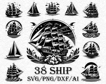 Vintage Sailing Ship SVG Bundle, Retro Sailboat Cut File for Cricut, Nautical Clipart, Pirate Ship Silhouette Vector, Layered PNG dxf EPS