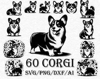 May include: Black and white illustrations of corgi dogs in various poses. The image includes the text "60 CORGI SVG/PNG/DXF/AI". The corgis are depicted in different styles, some wearing hats.