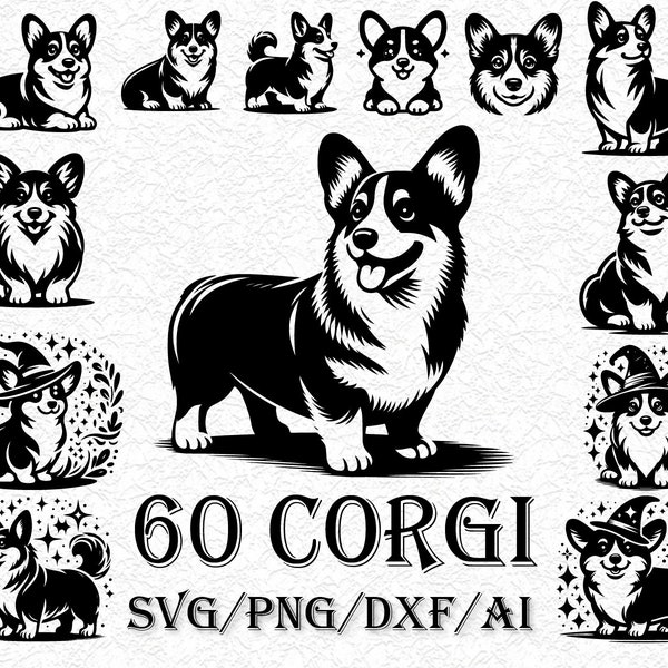 60 Corgis SVG, Hunde Clipart, Corgis PNG, Motten SVG Bundle, Corgis Linienzeichnung, Schnittdatei für Cricut, Silhouette, Logo, Sublimation, Black Outline