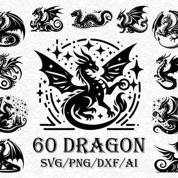 60 Dragon Svg Bundle, Dragon svg, Dragon Cut File, Dragons Head, Dragon Clipart, Animal Svg, Dragon Silhouette, Dragon tattoo svg