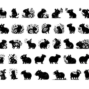 May include: A set of 36 black and white illustrations of capybaras in various poses and settings. Some capybaras are wearing hats, others are holding flowers, and some are surrounded by butterflies. The illustrations are perfect for use in scrapbooking, card making, or other creative projects.
