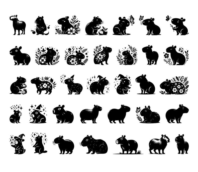 May include: A set of 36 black and white illustrations of capybaras in various poses and settings. Some capybaras are wearing hats, others are holding flowers, and some are surrounded by butterflies. The illustrations are perfect for use in scrapbooking, card making, or other creative projects.