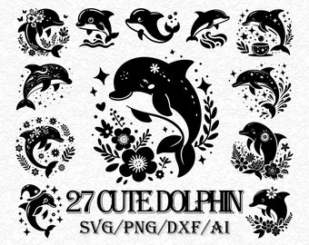 Cute Dolphin SVG Bundle | Dolphin Silhouette Cricut Cut Files | Floral Ocean Animal Clipart, Celestial Sea Life Digital Vector Graphic