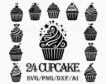 Cupcake SVG Bundle, Sweet Cake Silhouette, Bakery Logo Clipart, Muffin SVG Cut Files, Birthday Cupcake Vector, Cricut Dessert Design