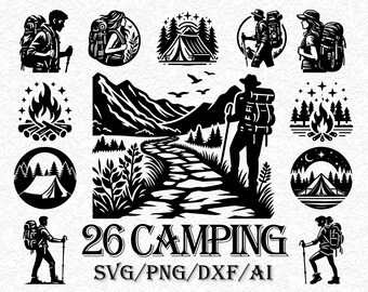 Hiking SVG Bundle | Camping Silhouette for Cricut | Mountain Adventure Vector | Campfire Tent Cut File | Outdoor Nature Clipart