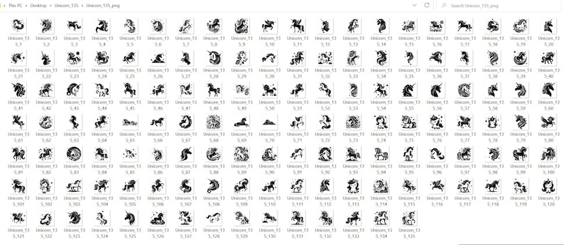 K&ouml;nnte beinhalten: Eine Sammlung von 125 Schwarzwei&szlig;-Illustrationen von Einh&ouml;rnern. Die Einh&ouml;rner sind in verschiedenen Posen und Stilen dargestellt, darunter stehend, laufend und springend. Einige Einh&ouml;rner haben Blumen, Herzen und Sterne um sich herum.