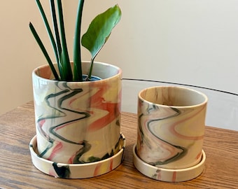Set di fioriere in ceramica multicolore con sottovaso / Per interni ed esterni