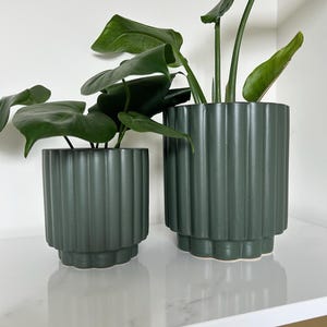 May include: Two green ceramic planters with ribbed detailing, each holding a leafy green plant. The planters are different sizes and sit on a white surface. The larger planter is approximately 12 inches tall.