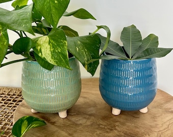 Blue & Mint Green Ceramic Planter Set: Indoor Table Decoration