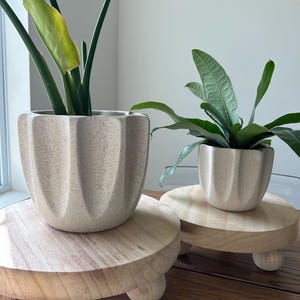 May include: Two potted plants, one large and one small, sit on wooden plant stands. The pots are beige with a textured surface and a ribbed design. The stands are round with three small, rounded feet. The plants have green leaves.