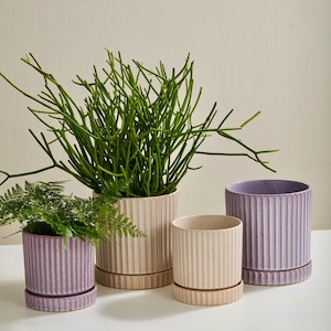 Ceramic Planter Set with Saucer: Light Purple Pottery, Ribbed Design