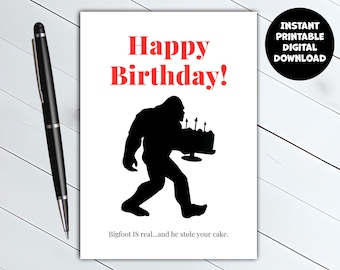 d'anniversaire imprimable Bigfoot | Téléchargement numérique instantané | Carte de voeux drôle de 5 x 7 pouces