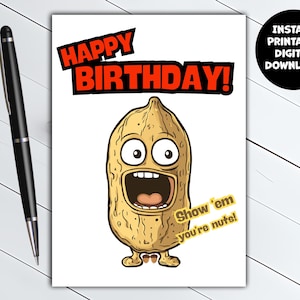 Roligt jordnötsfödelsedagskort, humoristisk hälsning, (digital nedladdning)