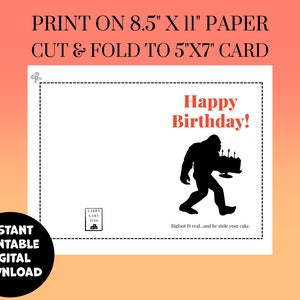 Printable Bigfoot Birthday Card | Instant Digital Download | Funny 5X7 ...
