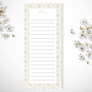 May include: A rectangular notepad featuring a beige and white geometric tile pattern border. The center contains a white space with horizontal lines for writing and the name Allison printed in a light gray script font at the top of the page.