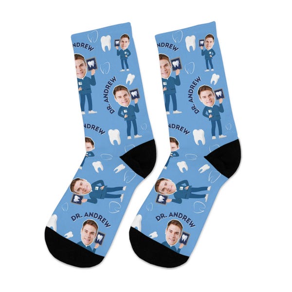 Custom Face Socks, dental assistant socks, dentist socks, retired dentist, dentist gifts, dentist graduation, dentist grad, dental hygienist