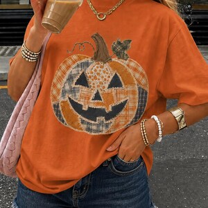 pumpkin patch shirts, Faux Patchwork Pumpkin Shirt, vintage pumpkin shirt, fall vibes tee,  harvest print shirt, boo crew shirt, Grannycore