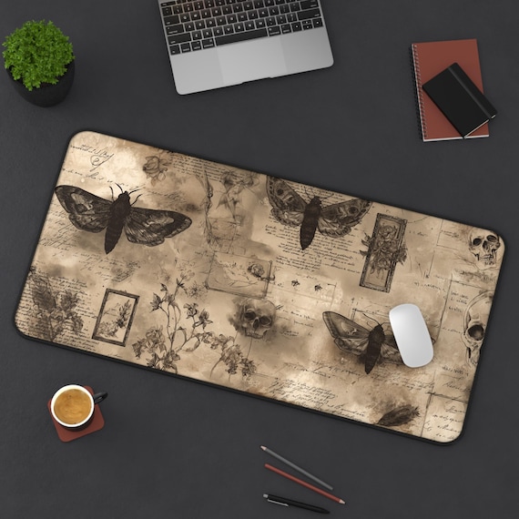 Gothic Moth Desk Mat, Vintage Moth and Skull Desk Mat, Gothic Desk Mat, Customizable Office Decor, Botanical Art, Customizable Mouse Pad