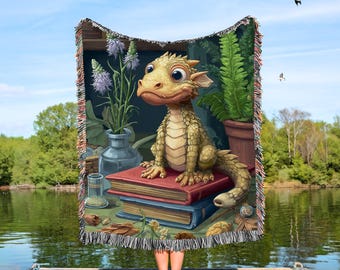 Dragon Book Blanket, Dragon Nursery Decor, Book Lover Blanket, Gift For Reading Lover, Fantasy Reader, Reader Gift, Cute Fantasy Fan Gift