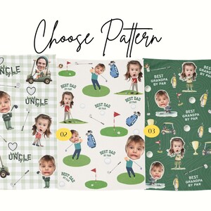May include: Golf-themed personalized blankets with various patterns. Designs include golf carts, golf balls, and cartoon figures with faces. Text includes "Best Dad by Par", "Best Grandpa by Par", and "Uncle". The phrase "Choose Pattern" is at the top.