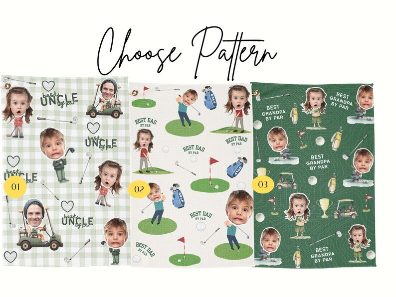 May include: Golf-themed personalized blankets with various patterns. Designs include golf carts, golf balls, and cartoon figures with faces. Text includes "Best Dad by Par", "Best Grandpa by Par", and "Uncle". The phrase "Choose Pattern" is at the top.