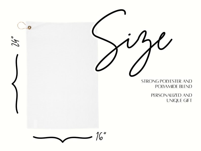 May include: A white rectangular flag with a metal grommet, measuring 24 inches by 16 inches. The flag is made of a strong polyester and polyamide blend. The word "Size" is written in a cursive font. The text also reads "Personalized and Unique Gift."