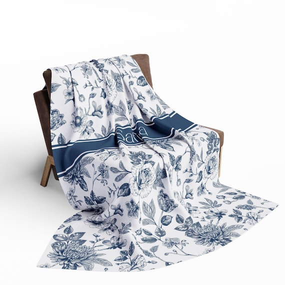 Custom Name Toile Baby Blanket • Personalized French Country Baby Boy Gift • Grandmillennial Nursery Blanket & Unique Baby Shower Present