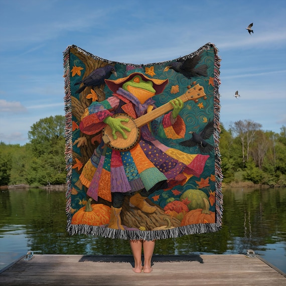 Banjo Frog Blanket, Woven Frog Tapestry Throw, Vintage Frog Art Blanket, Folklore Frog Decor, Music Lover Gift, Banjo Player Blanket