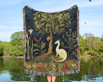 Woodland Gothic White Dragon Blanket, Enchanted Forest Tapestry Throw, Mystical Dark Academia, Forestcore Art, Spiritual Forest Blankets
