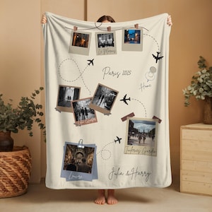May include: Cream-colored blanket featuring travel-themed design. Includes polaroid-style photos, airplane illustrations, and text: "Paris 2025", "Louvre", "Julia & Harry", and "Tuileries Garden". Decorative blanket with a personalized touch.