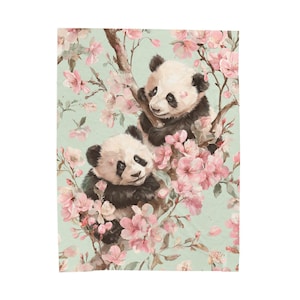 Panda and Cherry Blossom Velveteen Plush Blanket Soft Cozy Throw, Watercolor Panda Cubs, Floral Baby Blanket, Cute Nursery Decor Gift