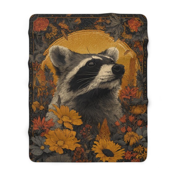 Raccoon Tarot Card Blanket – Cute Woodland Animal Throw with Floral Border, Gothic Moonlight Design, Colorful Fantasy Gift