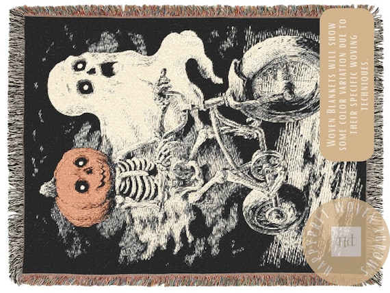 Skeleton Riding Bike Woven Throw Blanket - Western Halloween Decor