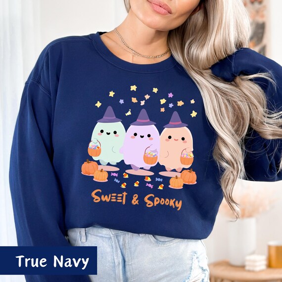 Ghost Trio Halloween Shirt – Custom Text | Cute Witch Ghosts Trick-or-Treating | Fall Aesthetic Tee | Halloween Gift, Halloween Cany Shirt