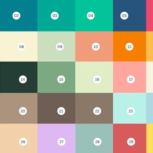 May include: A color palette featuring 30 distinct color swatches, each in a square shape. The colors range from deep blues and greens to vibrant oranges, pinks, and yellows. Each swatch is numbered from 01 to 30.
