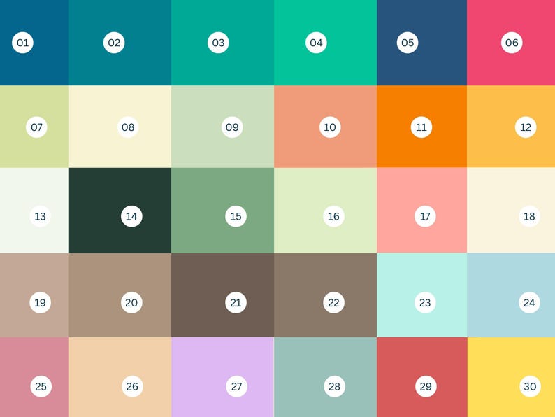 May include: A color palette featuring 30 distinct color swatches, each in a square shape. The colors range from deep blues and greens to vibrant oranges, pinks, and yellows. Each swatch is numbered from 01 to 30.