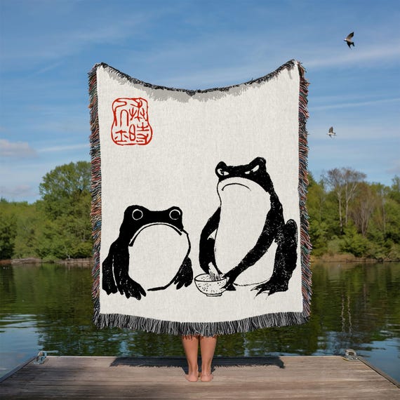 Matsumoto Shoji Frog Blanket, Japanese Frog Toad Throw, Retro Water Demon Folklore, Vintage Shirikodama Art, Grumpy Frog Fantasy Tapestry