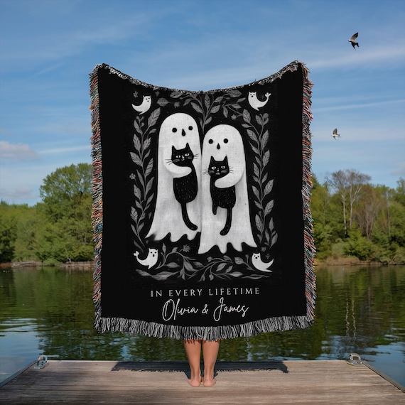 Spooky Wedding Blanket, Halloween Couple Throw, Gothic Wedding Gift, Ghost Couple Woven Tapestry, Dark Cottagecore, groovy ghost blanket