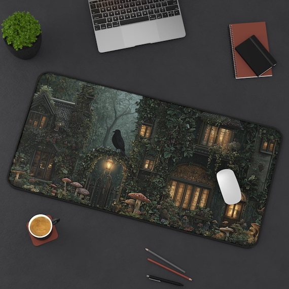Cottagecore Raven Desk Pad, Gothic Desk Mat, Dark Academia Mouse Pad, Vintage Book Candle Mat, Large Office Gaming Desk Cover