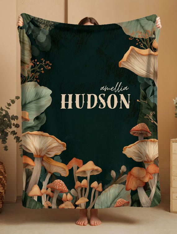 Custom Name Cottagecore Mushroom Blanket • Personalized Fungi Throw for Mushroom Lovers • Forestcore Tapestry & Unique Cozy Couch Gift