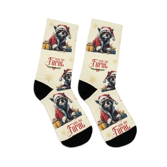Raccoon Santa, Crew Socks, Trash Panda Socks, Stay trashy Socks, Cryptid Socks, Opossum Socks, Novelty Racoon Socks, Racoon Mens Socks