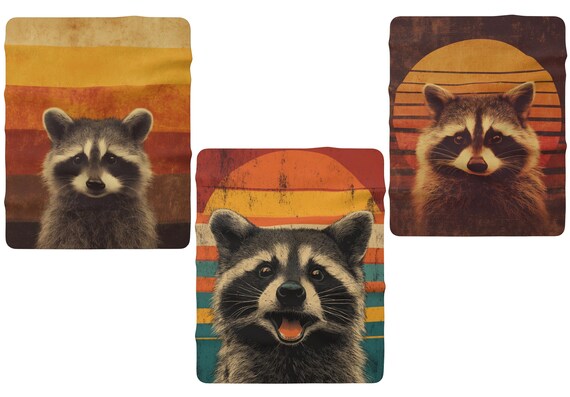 Vintage Raccoon Blanket – Cozy Woodland Animal Throw, Retro Sunset Wildlife Design, Soft Plush Cabin Decor & Animal Lover Gift
