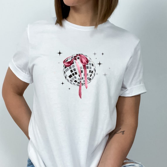 old money shirt, dark coquette shirt, preppy stuff, bow ribbon sweatshirt, disco coquette, pink bow, pink disco ball, mirrorball crewneck
