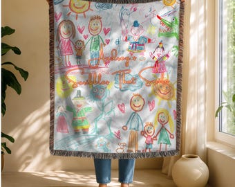 Custom Kids Art Blanket – Personalized Throw Blanket, Child’s Drawing, Memory Keepsake Gift for Parents, Grandparents & Kids, Woven Tapestry