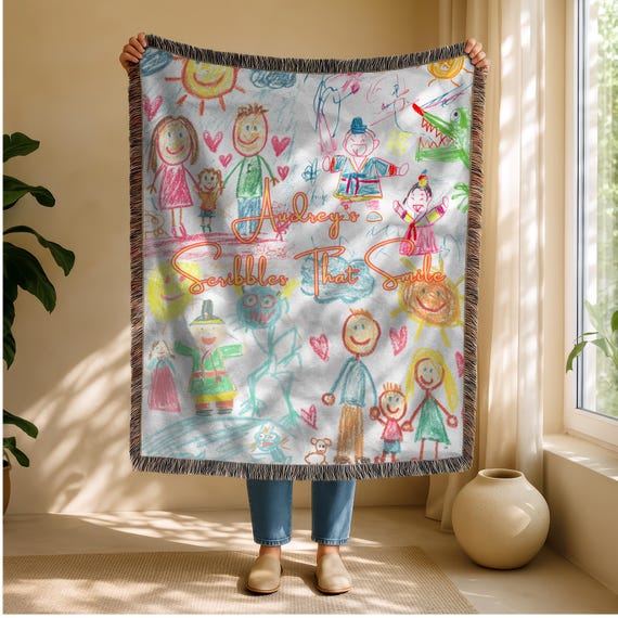 Custom Kids Art Blanket – Personalized Throw Blanket, Child’s Drawing, Memory Keepsake Gift for Parents, Grandparents & Kids, Woven Tapestry