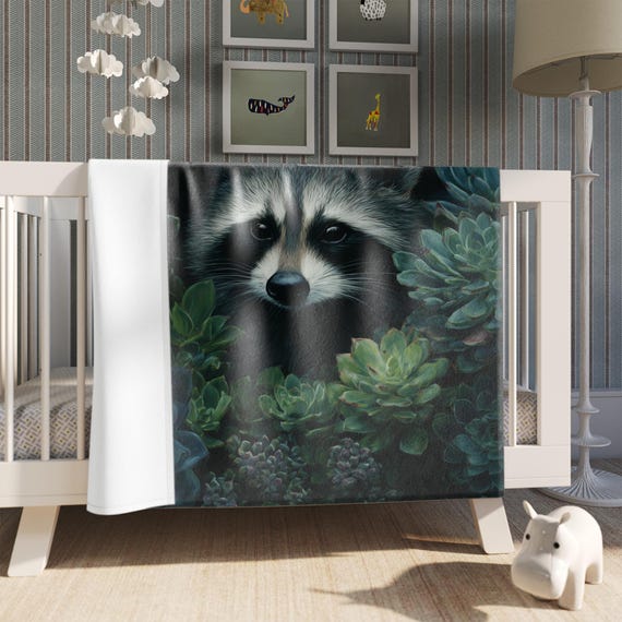Raccoon Succulent Blanket – Cozy Fleece Woodland Animal Throw, Nature Plant Blanket, Cute Raccoon Bed or Sofa Decor Gift