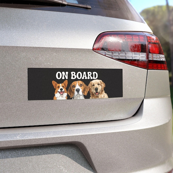 Custom Dog Car Magnet – “On Board” Sign with Cute Dog Illustrations – Pet On Board Magnet – Funny Car Accessory for Dog Lovers